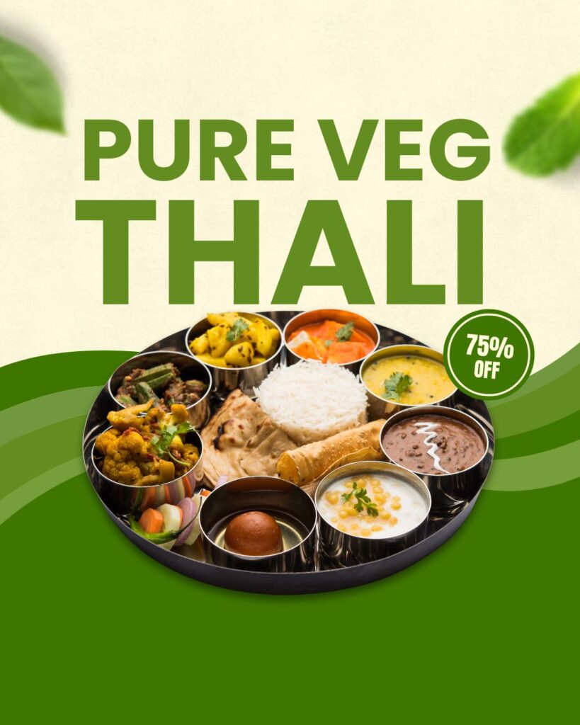 green and cream indian pure veg food thali promotion instagram post