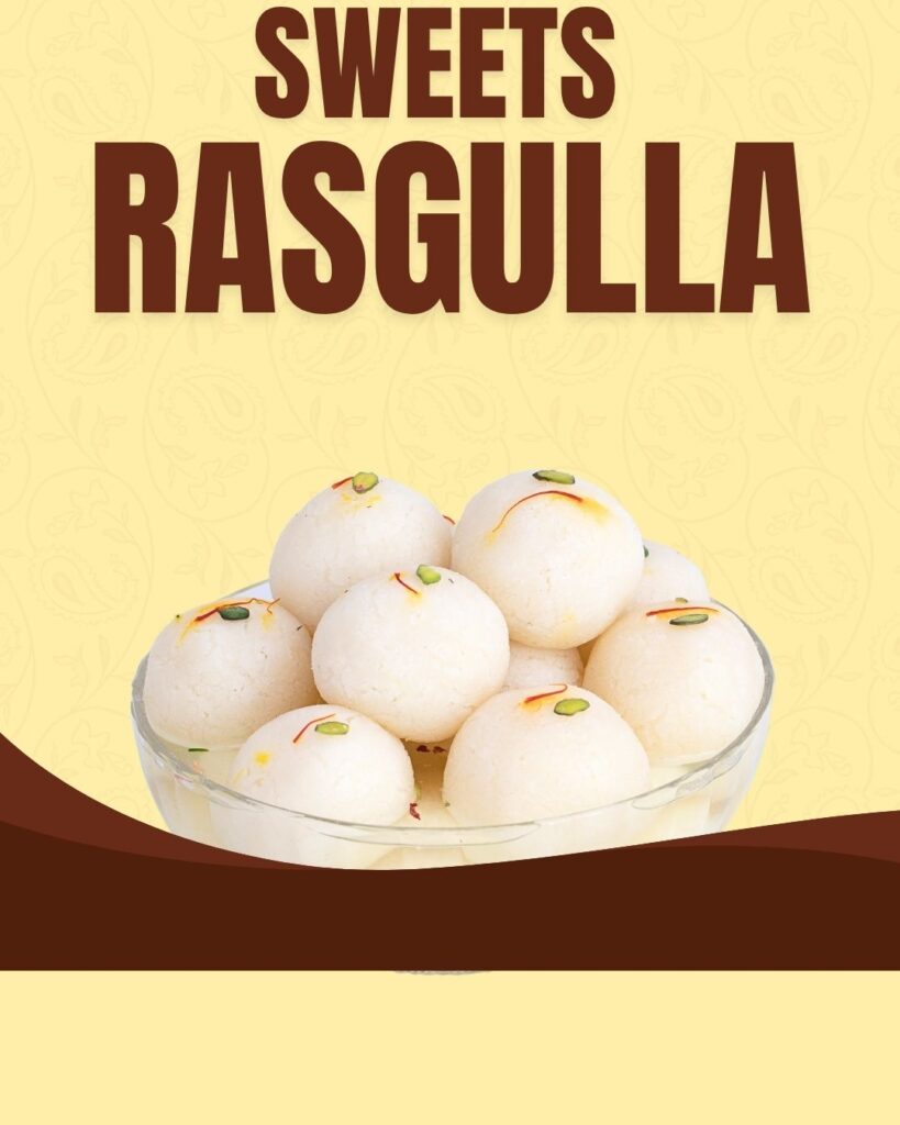 yellow brown and white indian sweet rasgulla food promotion instagram post